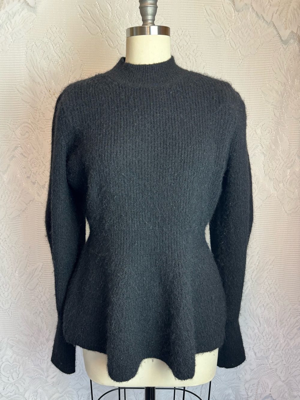 H&M Black Puff Sleeve Peplum Alpaca Sweater